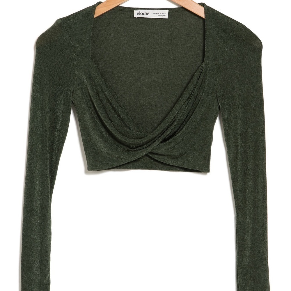 Elodie Long Sleeve Twist Front Crop Top Forest Green - L